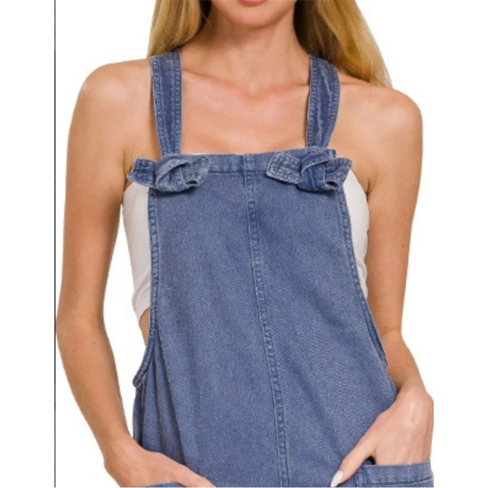 💞 Zenana Washed Knot Strap Pocket Denim Jumpsuit NWT (1864Y) - Picture 2 of 9